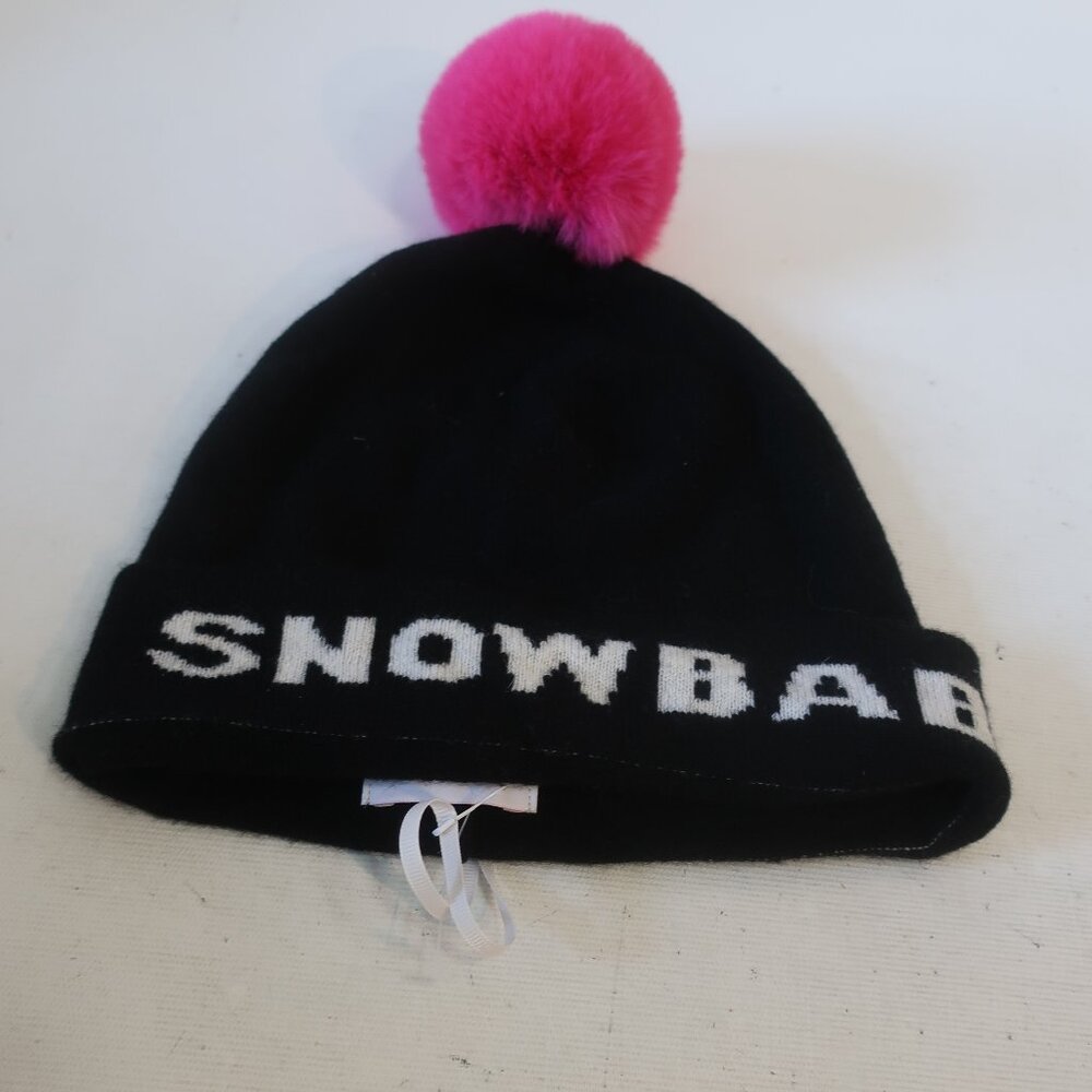NWT Womens Brodie Cashmere 100% Cashmere Black "Snowbabe" Beanie Pom Pom Hat O/S